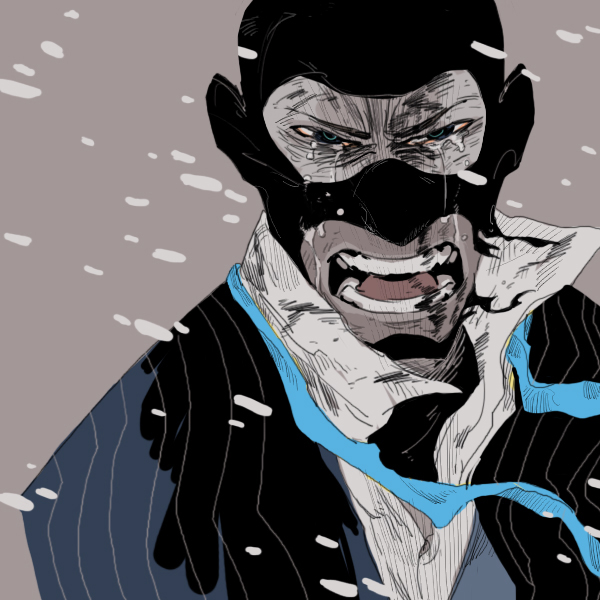 22_(tak_ja) bad_id bad_pixiv_id balaclava blue_eyes crying crying_with_eyes_open face formal looking_at_viewer male_focus monochrome necktie open_mouth popped_collar solo spot_color suit team_fortress_2 tears the_spy undone_necktie