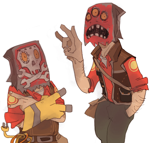 2boys bad_id bad_pixiv_id bag gloves halloween lowres male_focus mask mildly_disturbing_halloween_mask multiple_boys open_mouth paper_bag simple_background single_glove team_fortress_2 the_engineer the_sniper white_background