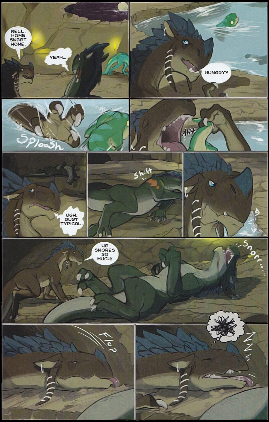 blue_eyes claws comic dialog dragon english_text fish lying male marine narse on_back open_mouth patience_pending reptile rock scalie sleeping text tongue water