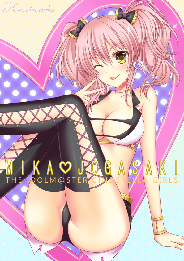 arm_support artist_name bow bracelet breasts character_name cleavage collarbone crop_top earrings hair_bow heart idolmaster idolmaster_cinderella_girls jewelry jougasaki_mika kaen_(k-artworks) large_breasts one_eye_closed pink_hair short_hair solo tongue twintails yellow_eyes