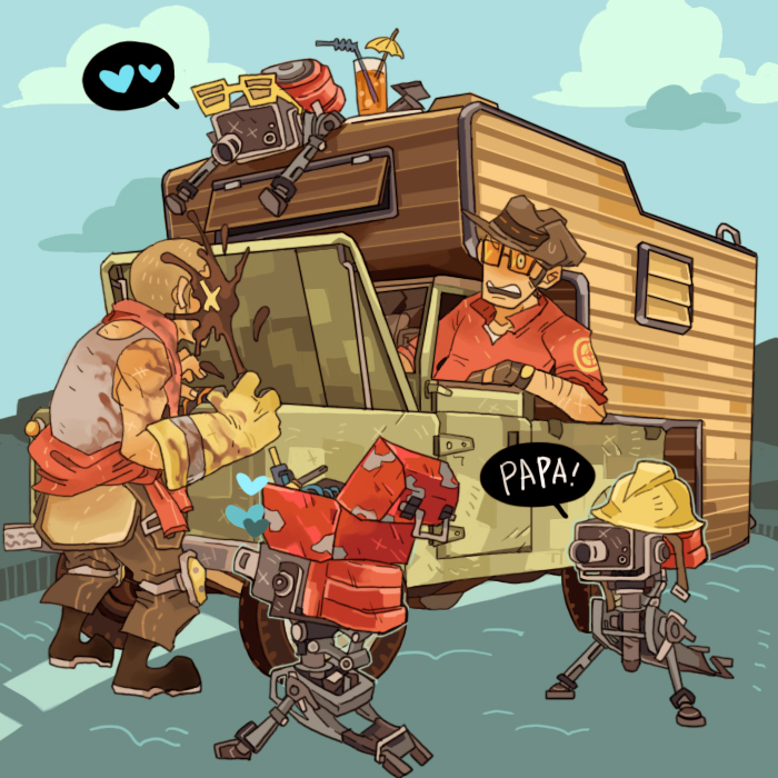 2boys bad_id bad_pixiv_id boots cloud day drink drinking_straw gloves ground_vehicle hardhat hat heart helmet male_focus motor_vehicle multiple_boys no_headwear no_helmet open_mouth rv sentry single_glove standing sunglasses team_fortress_2 the_engineer the_sniper toolbox van watch wristwatch