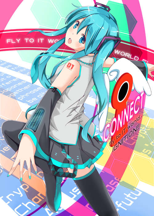 aqua_eyes aqua_hair hatsune_miku long_hair ok-ray open_mouth outstretched_arms skirt solo spread_arms thighhighs twintails vocaloid wings