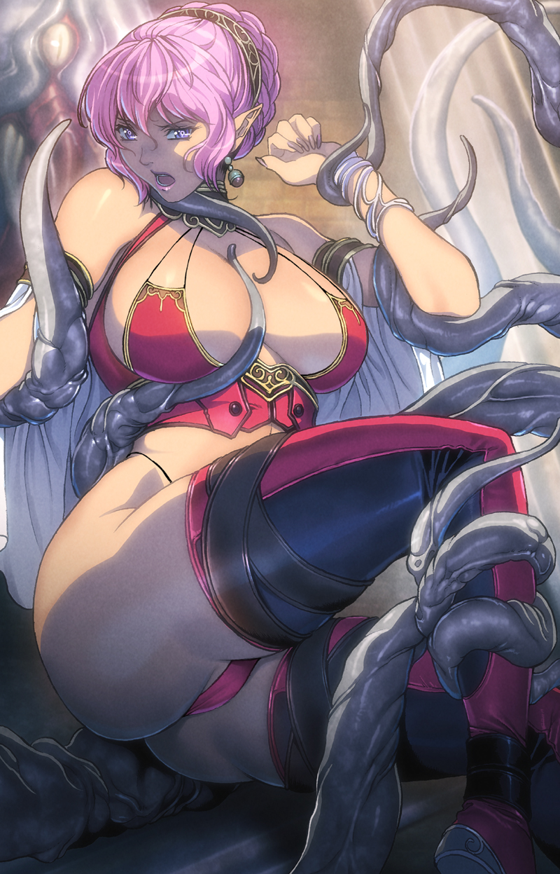 ass blue_eyes breasts highres homare_(fool's_art) imminent_rape large_breasts open_mouth original pink_hair pointy_ears restrained solo tentacles thighhighs