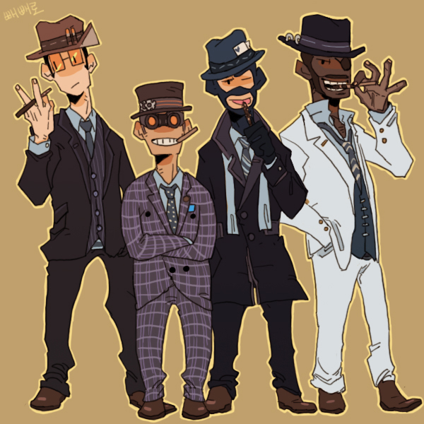 4boys bad_id bad_pixiv_id balaclava cigar dark_skin dark_skinned_male eyepatch formal gloves goggles grin hat heart loose_necktie male_focus mouth_hold multiple_boys necktie one_eye_closed simple_background smile standing suit sunglasses team_fortress_2 the_demoman the_engineer the_sniper the_spy