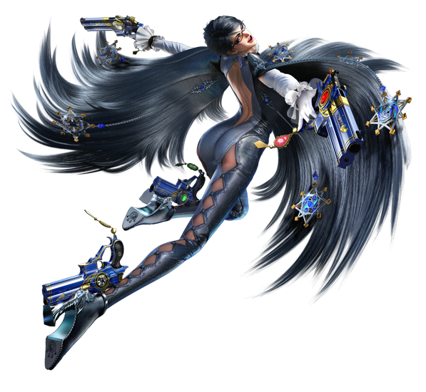 1girl 3d alternate_hair_length alternate_hairstyle ass bayonetta bayonetta_(character) bayonetta_2 black_hair glasses gun looking_back official_art quadruple_wielding short_hair simple_background solo weapon