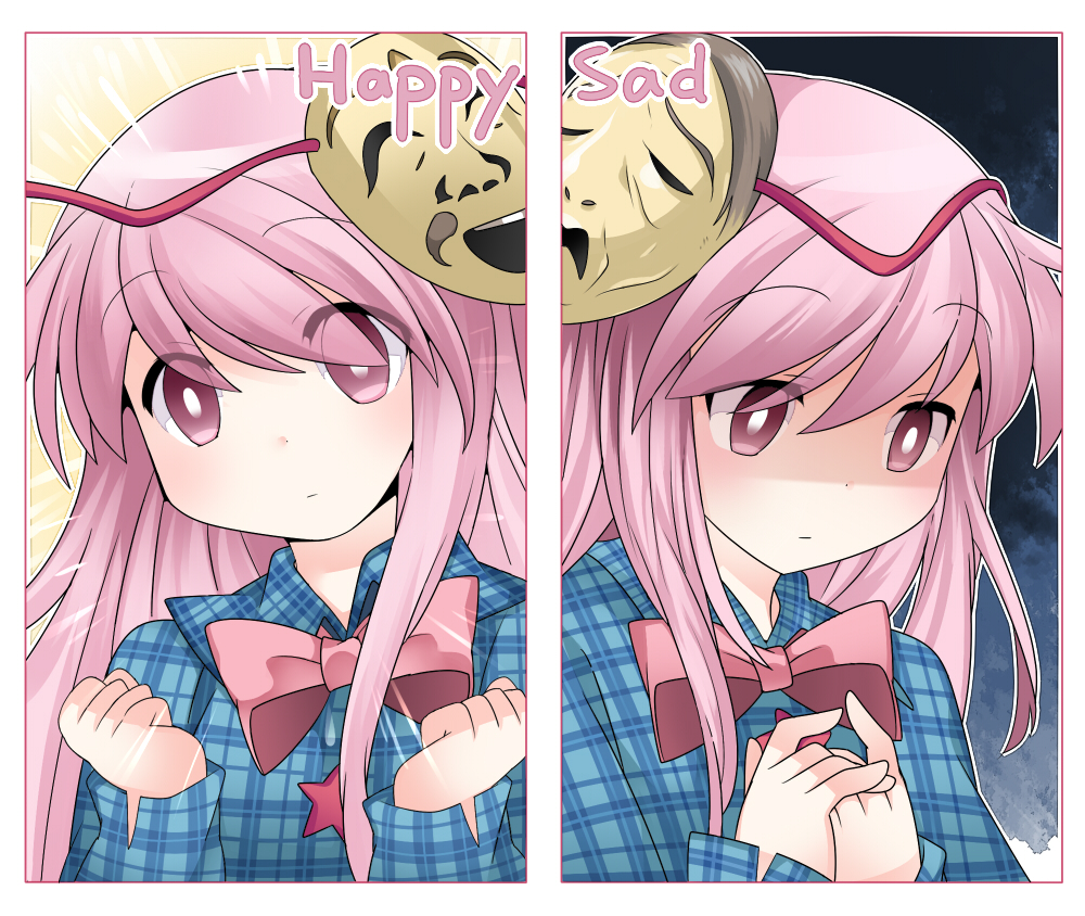 bad_id bad_pixiv_id bow clenched_hands commentary_request dress_shirt dual_persona english expressionless face_mask hammer_(sunset_beach) hata_no_kokoro long_hair mask noh_mask pink_eyes pink_hair plaid plaid_shirt shaded_face shirt touhou