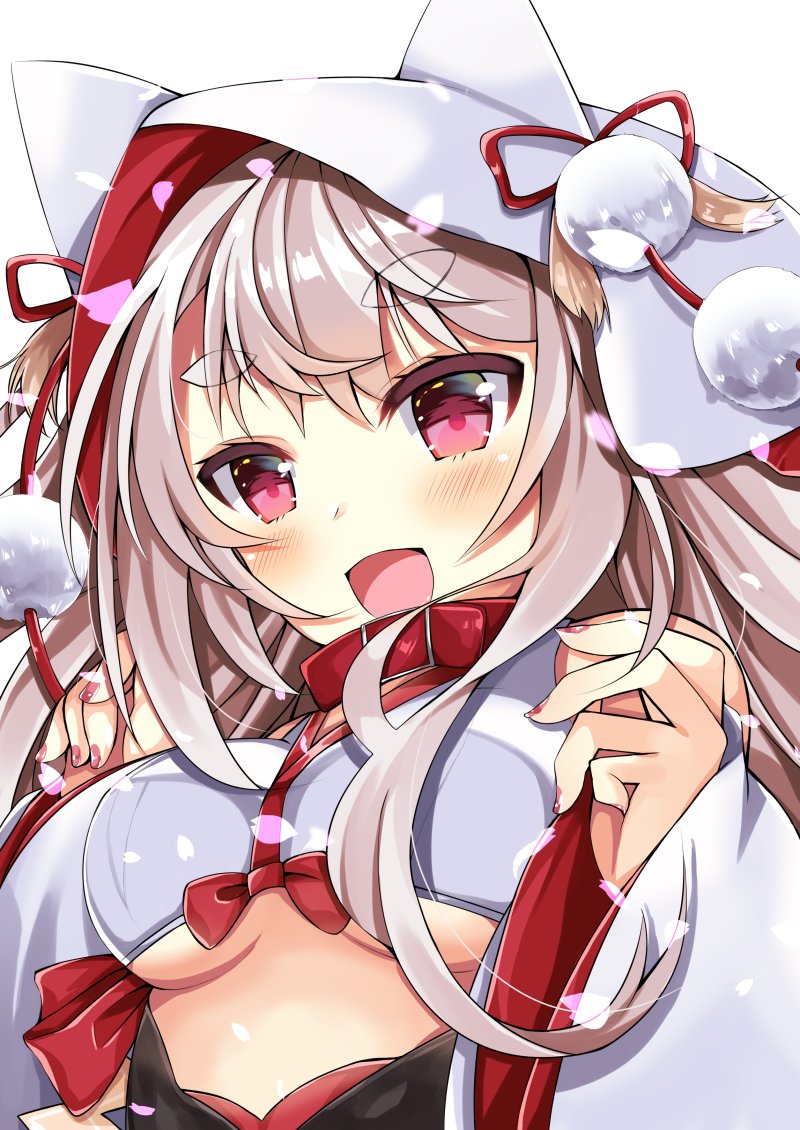 1girl alternate_costume azur_lane bangs blush bow breasts eyebrows_visible_through_hair nail_polish open_mouth red_bow red_nails solo thick_eyebrows underboob wolf_girl yuudachi_(azur_lane)
