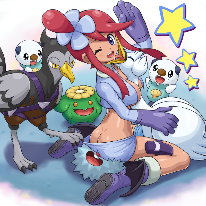ass between_breasts blue_eyes blue_footwear boots breasts butt_crack face_licking fangs fuuro_(pokemon) gen_2_pokemon gen_5_pokemon gloves hair_ornament jacket knee_boots licking looking_at_viewer looking_back looking_down medium_breasts midriff no_bra one_eye_closed open_clothes open_jacket open_mouth oshawott pokemoa pokemon pokemon_(creature) pulled_by_another pulling red_hair salute shoe_soles shorts shorts_pull sitting sitting_on_animal sitting_on_face sitting_on_person skiploom smile star staring swanna thigh_strap unfezant wariza woobat yellow_eyes