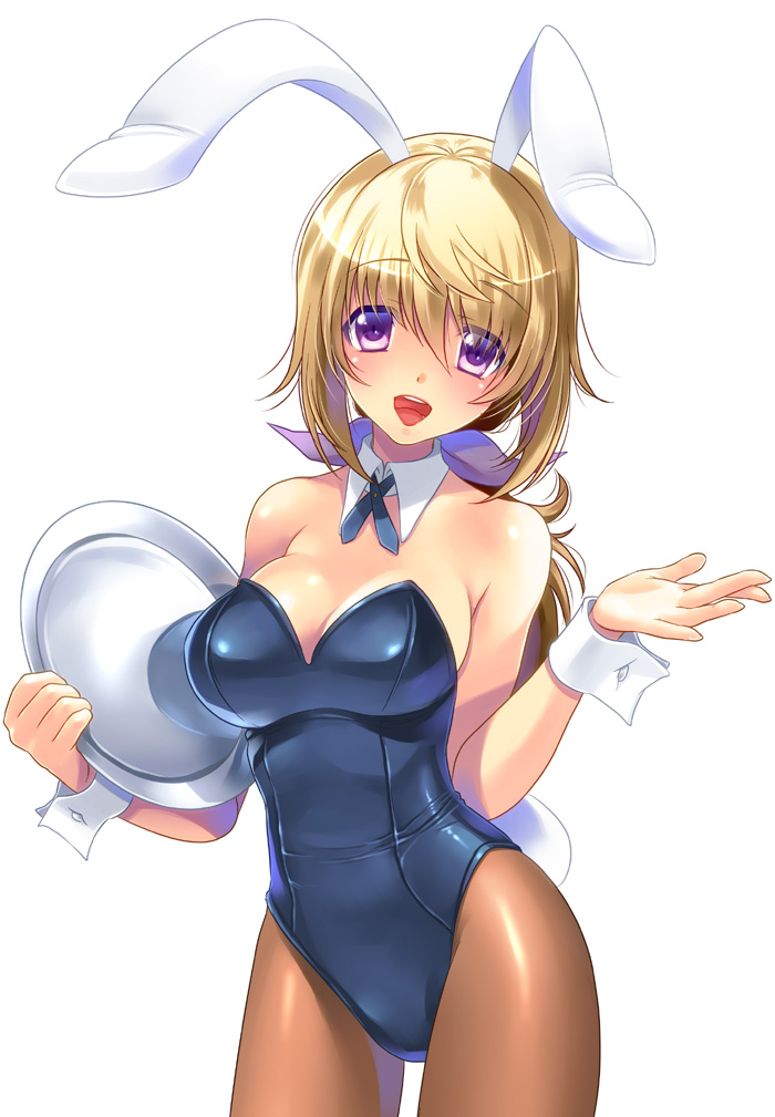 1girl animal_ears blonde_hair breasts brown_legwear bunny_ears bunny_girl bunny_tail bunnysuit charlotte_dunois cleavage cowboy_shot detached_collar fake_animal_ears hair_ribbon holding infinite_stratos large_breasts leotard long_hair open_mouth pantyhose ponytail purple_eyes ribbon simple_background smile solo tail tray white_background wrist_cuffs