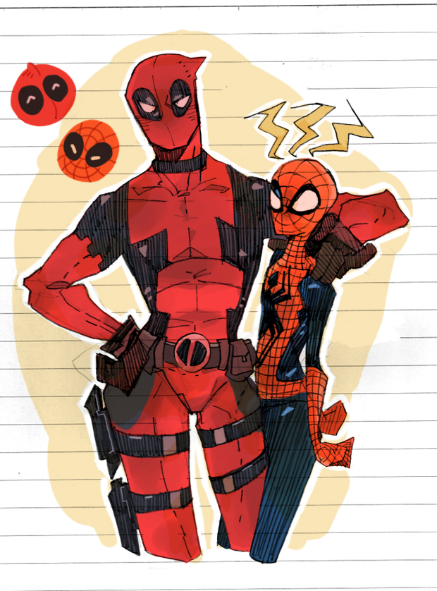 2boys ^_^ animal_print arm_around_neck arms_at_sides belt belt_pouch black_choker black_gloves bodysuit choker closed_eyes cropped_legs deadpool gloves hand_on_hip head_tilt looking_at_viewer male_focus marvel multiple_boys outline pouch red_bodysuit spider-man spider-man_(series) spider_print spider_web_print thigh_strap white_outline zentai