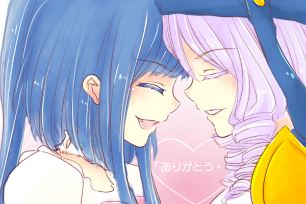blue_hair closed_eyes colored_eyelashes dawn_of_the_golden_witch dlanor_a_knox drill_hair face-to-face fang forehead-to-forehead furudo_erika hat heart kurahika multiple_girls open_mouth profile purple_hair smile translated umineko_no_naku_koro_ni