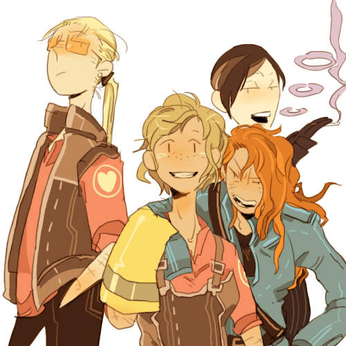 4girls blonde_hair brown_hair cigarette freckles genderswap genderswap_(mtf) gloves grin heart long_hair lowres multiple_girls open_mouth orange_hair overalls simple_background smile smoke smoke_ring smoking sunglasses team_fortress_2 the_engineer the_sniper the_soldier the_spy white_background