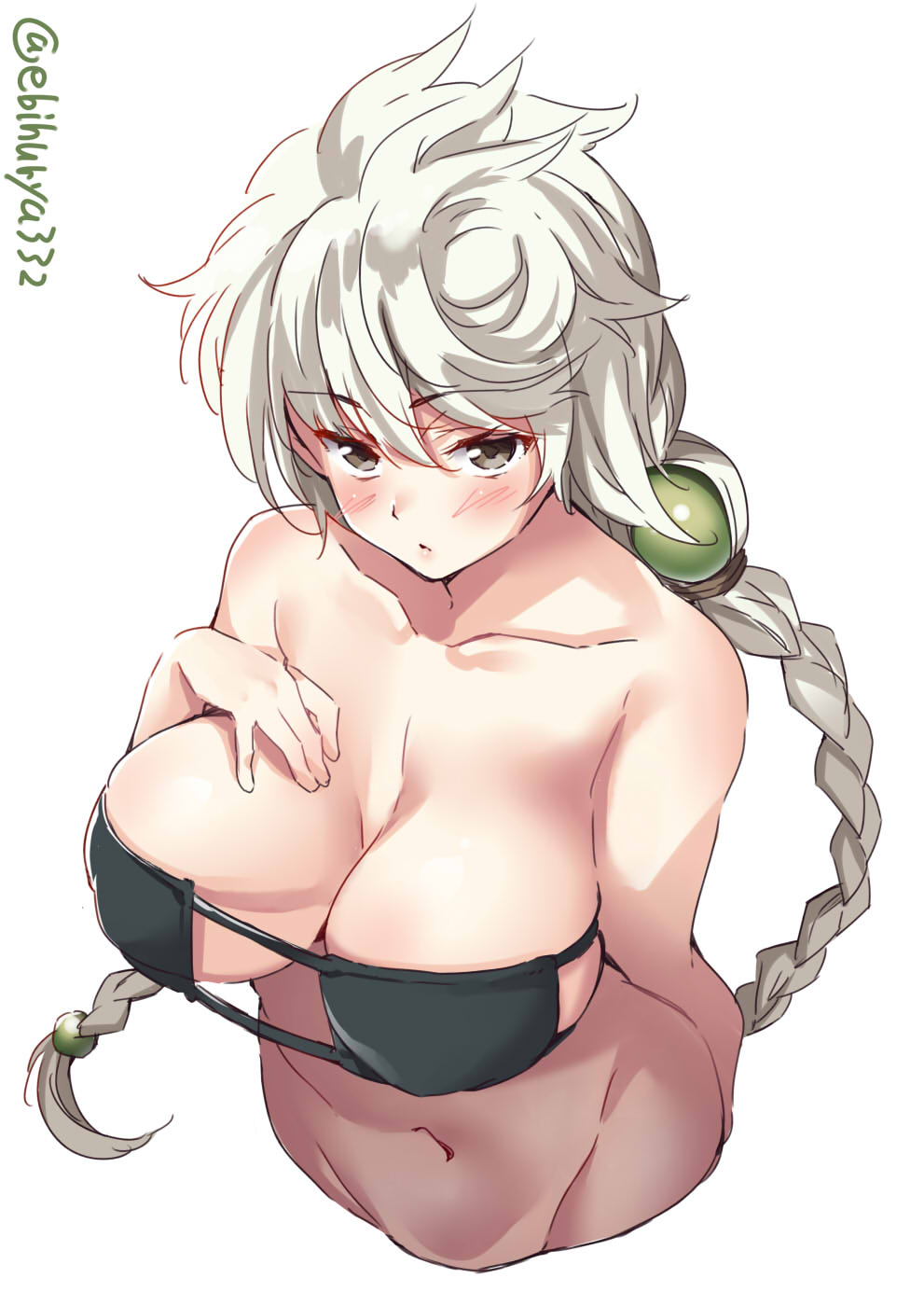 1girl alternate_costume arm_at_side asymmetrical_hair bikini black_bikini braid breasts brown_eyes center_opening commentary_request cropped_torso ebifurya eyebrows_visible_through_hair from_above groin hand_on_own_chest highres jitome kantai_collection large_breasts long_braid long_hair midriff navel off_shoulder silver_hair single_braid solo stomach swimsuit twitter_username unryuu_(kantai_collection) very_long_hair wavy_hair