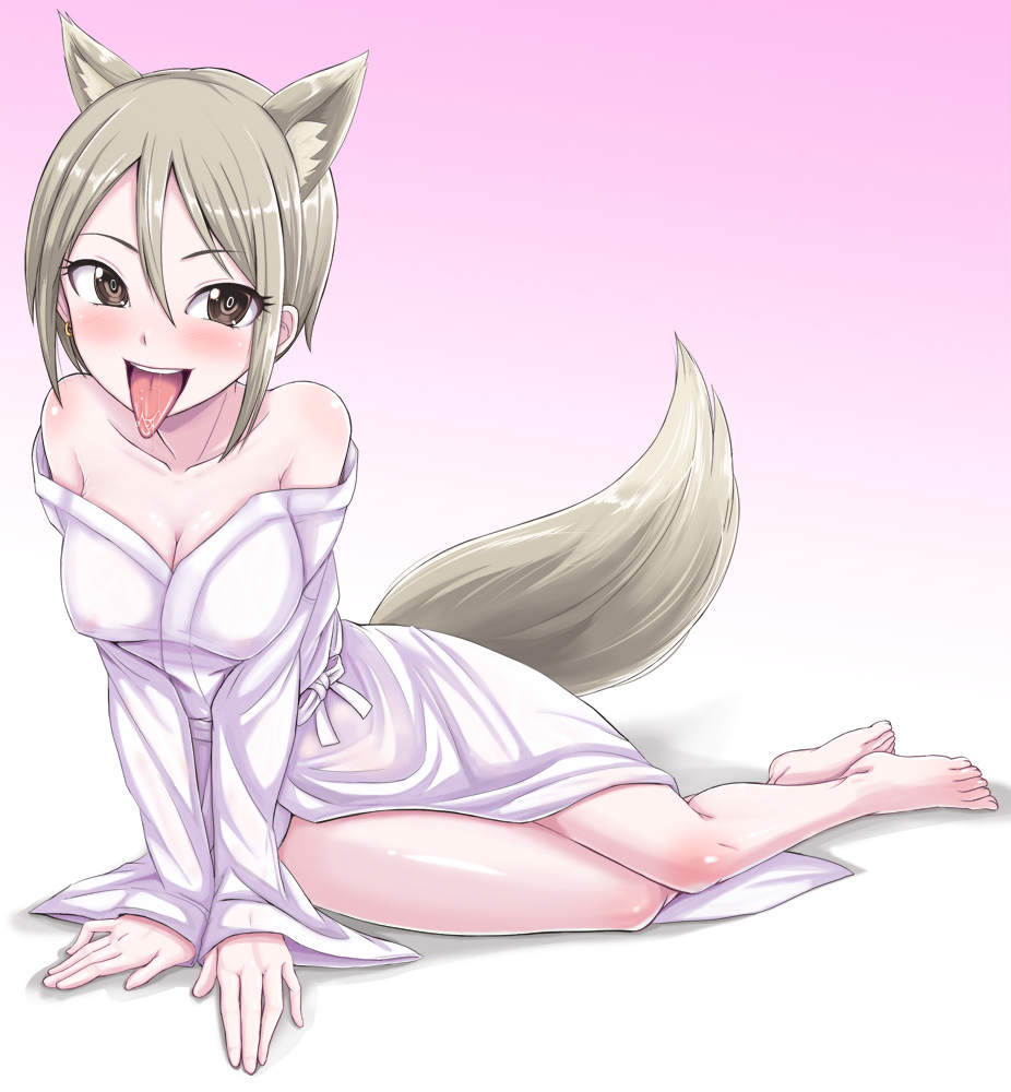 animal_ears bare_shoulders barefoot blush breasts brown_eyes cleavage collarbone dan_(orange_train) earrings idolmaster idolmaster_cinderella_girls jewelry large_breasts long_legs long_sleeves off_shoulder open_mouth shiomi_shuuko short_hair silver silver_hair solo tail tongue wide_sleeves wolf_ears wolf_tail