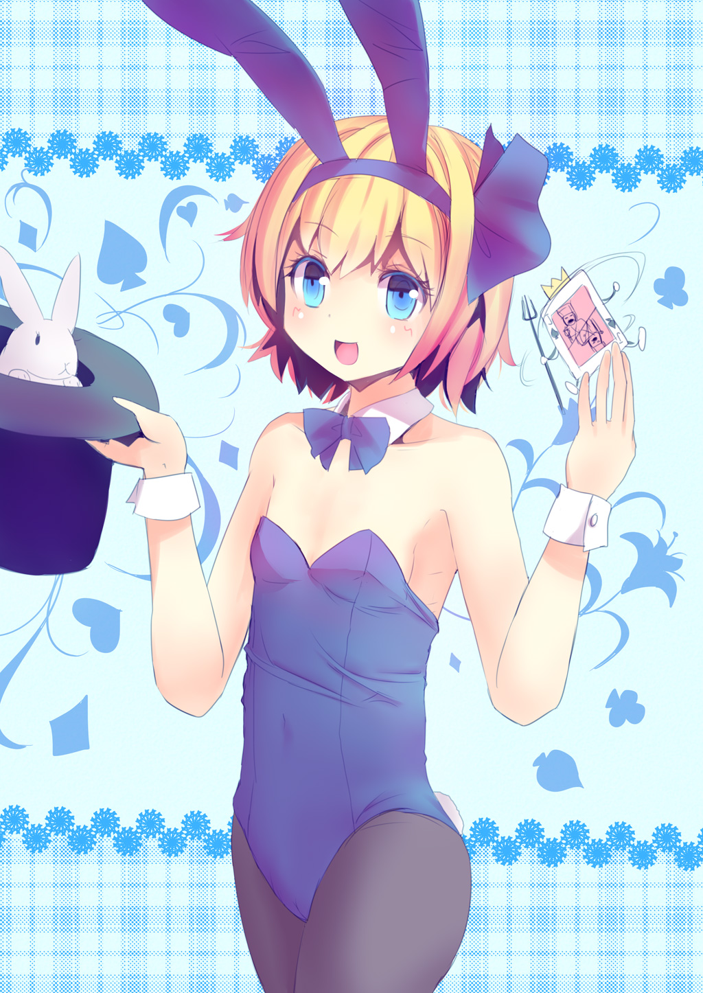 alice_margatroid alice_margatroid_(pc-98) animal_ears blonde_hair blue_eyes bow bowtie bunny bunny_ears bunnysuit card culter detached_collar flat_chest hat highres pantyhose playing_card short_hair solo top_hat touhou wrist_cuffs