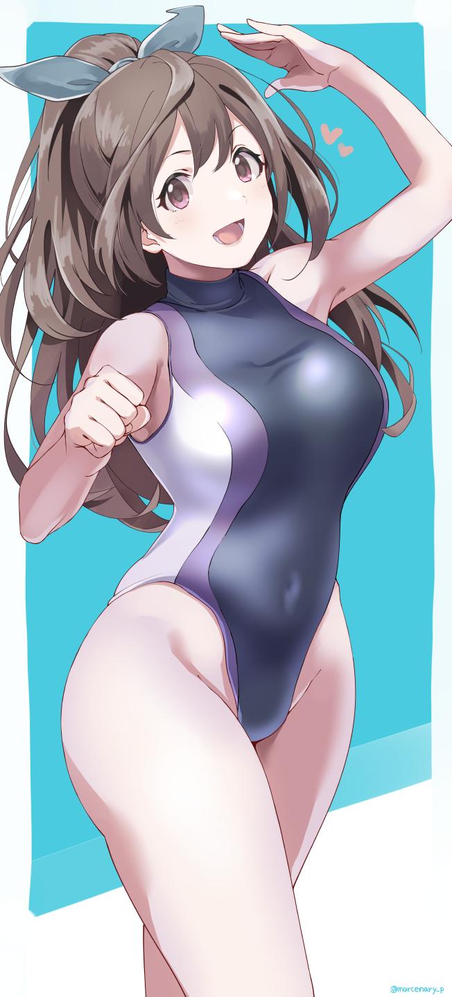1girl bangs black_swimsuit blue_background breasts brown_eyes brown_hair clenched_hand commentary_request competition_swimsuit covered_navel cowboy_shot hair_ribbon highres idolmaster idolmaster_shiny_colors large_breasts long_hair multicolored multicolored_background multicolored_clothes multicolored_swimsuit one-piece_swimsuit open_mouth ponytail ribbon salute smile solo standing swept_bangs swimsuit tsukioka_kogane turtleneck youhei_(testament)