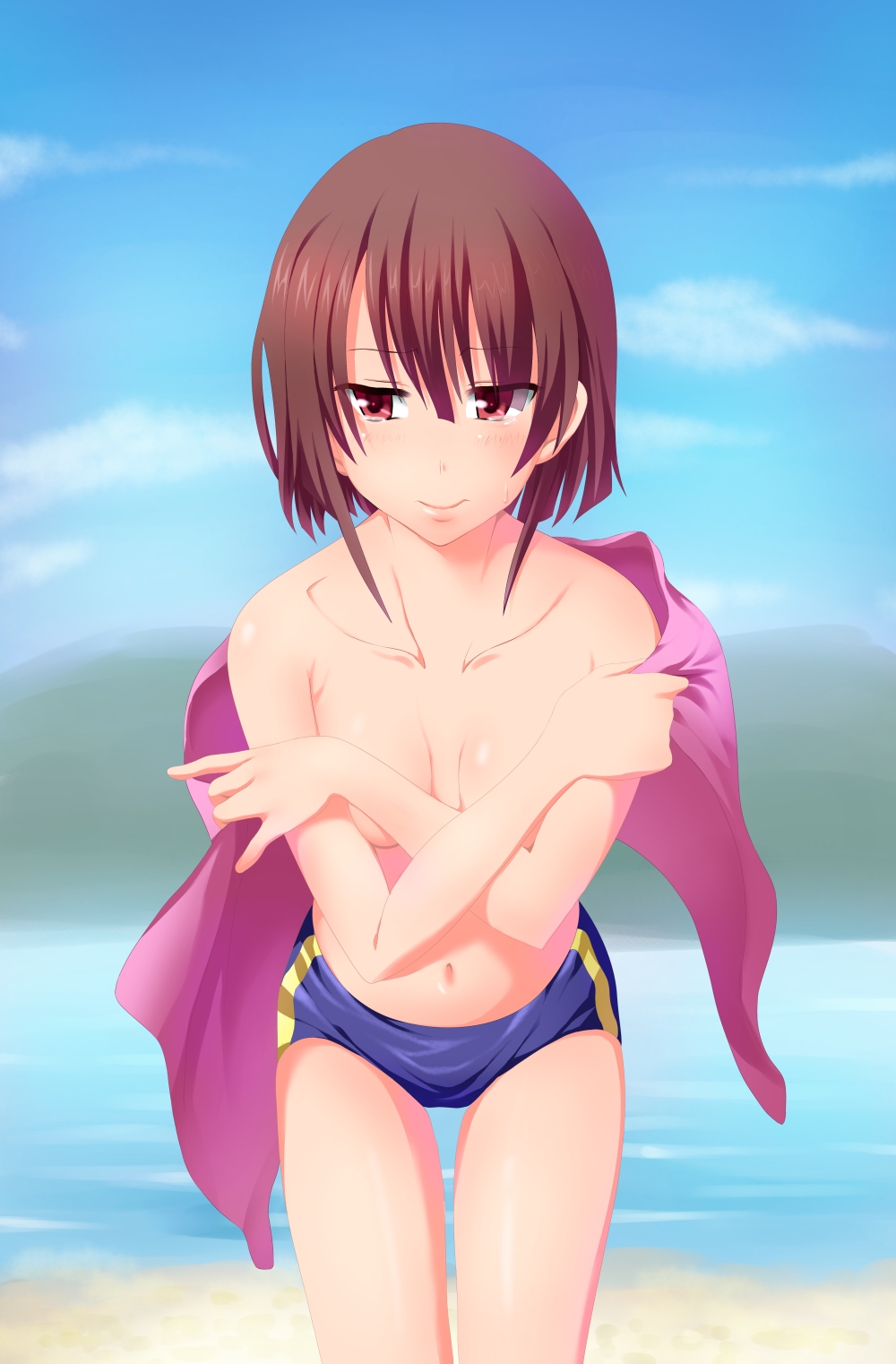 1girl brown_hair covering covering_breasts flat_chest nipples short_hair solo speedo swim_briefs swimsuit topless towel