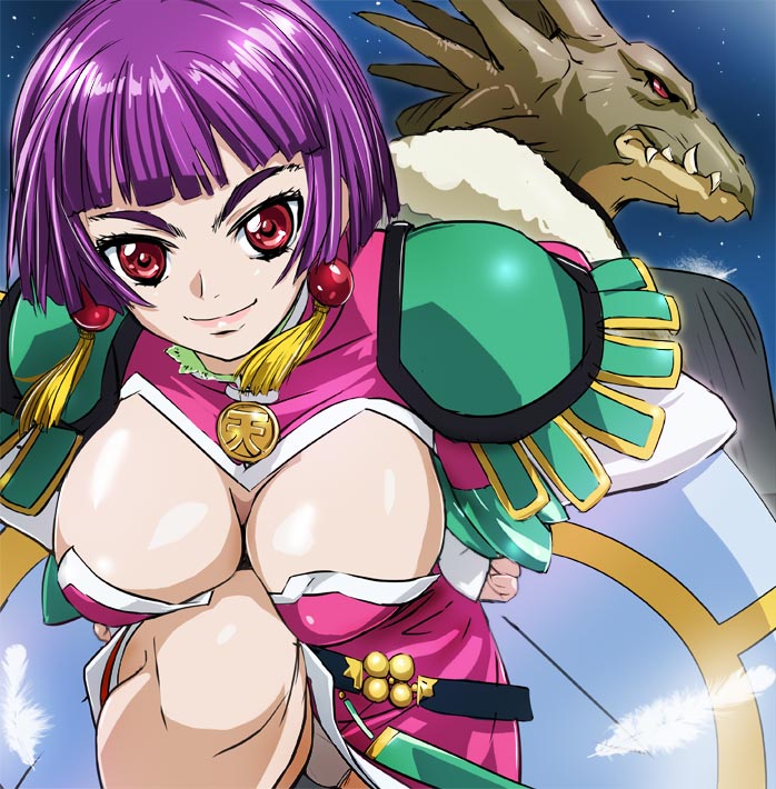 1girl angel_links armor bangs belt beltskirt blunt_bangs bob_cut breasts cape cleavage_cutout detached_sleeves dooes_deluxe_rex downblouse dragon dress earrings eyebrows feathers fur_trim hands_on_hips haruyama_kazunori jewelry knees_on_chest lace large_breasts li_meifon light_smile looking_at_viewer looking_back panties pantyshot pauldrons pink_dress profile purple_hair red_eyes short_hair sky smile solo_focus star_(sky) starry_sky tassel underwear white_panties