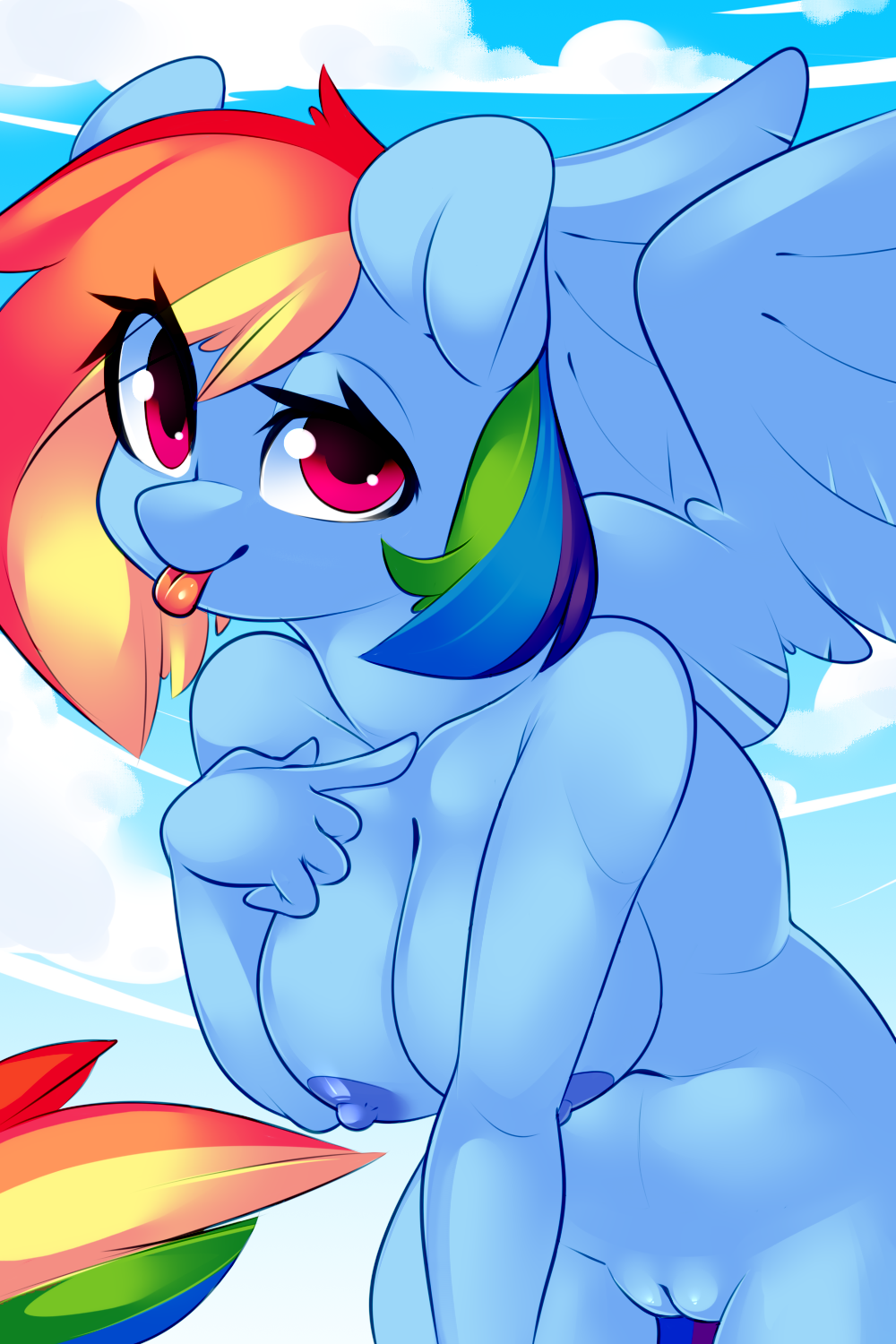 2019 amberpendant anthro areola big_breasts breasts digital_media_(artwork) equine female friendship_is_magic hair mammal my_little_pony nipples nude outside pegasus pussy rainbow_dash_(mlp) simple_background smile solo wings