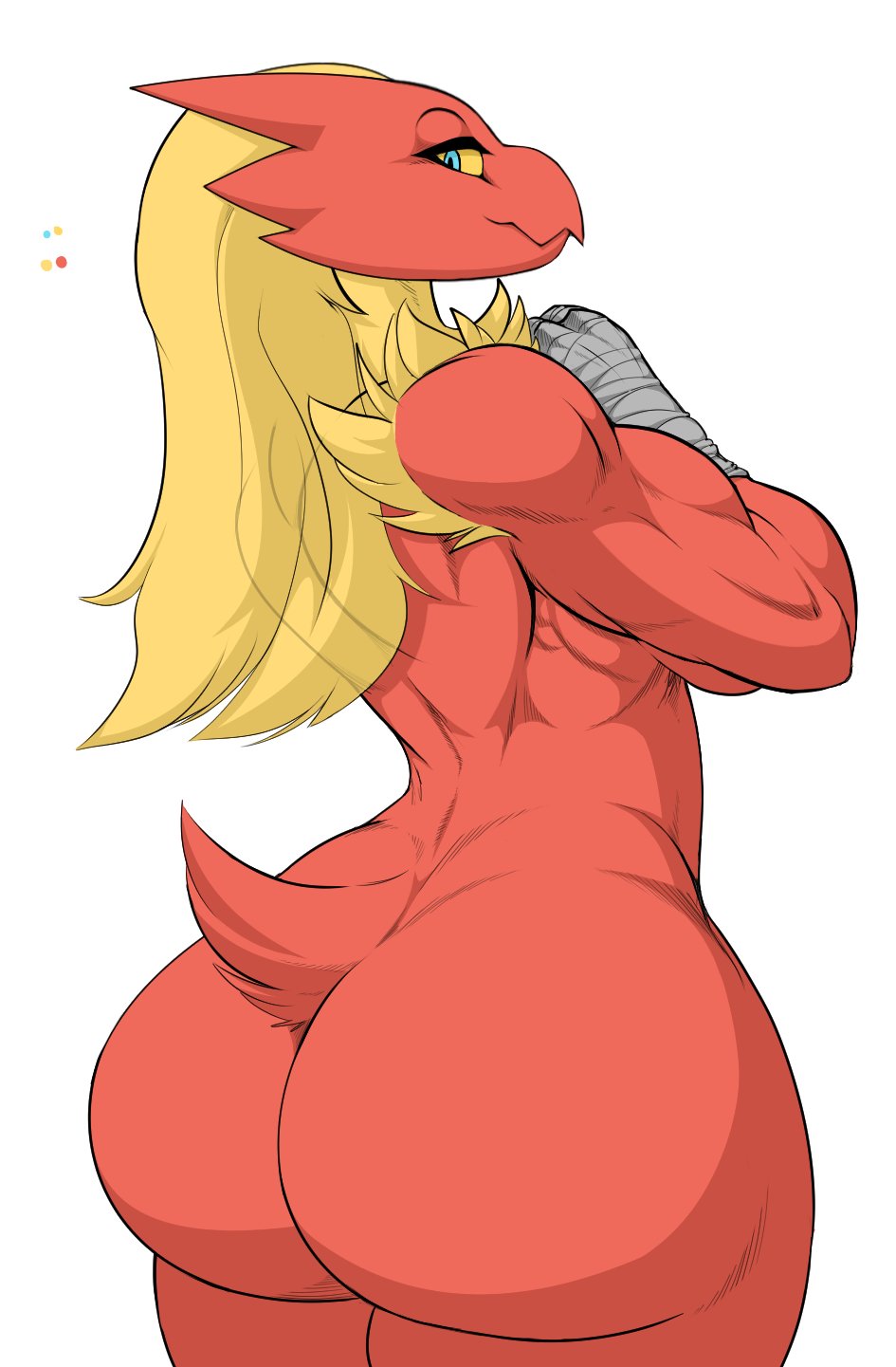 2019 anthro avian back_muscles bedroom_eyes biceps big_butt blaziken blonde_hair blue_eyes breasts butt danonymous feathers female hair half-closed_eyes huge_butt looking_at_viewer looking_back muscular muscular_female nintendo nude pok&eacute;mon pok&eacute;mon_(species) red_feathers seductive side_boob simple_background solo standing thick_thighs triceps video_games white_background wide_hips yellow_sclera