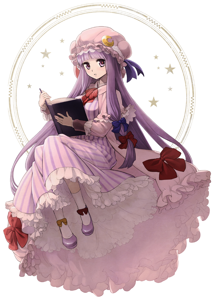 book bow crescent frills hair_bow hat kishiro_(michiko) lavender_eyes lavender_hair long_hair looking_at_viewer patchouli_knowledge shoes socks solo star striped touhou very_long_hair