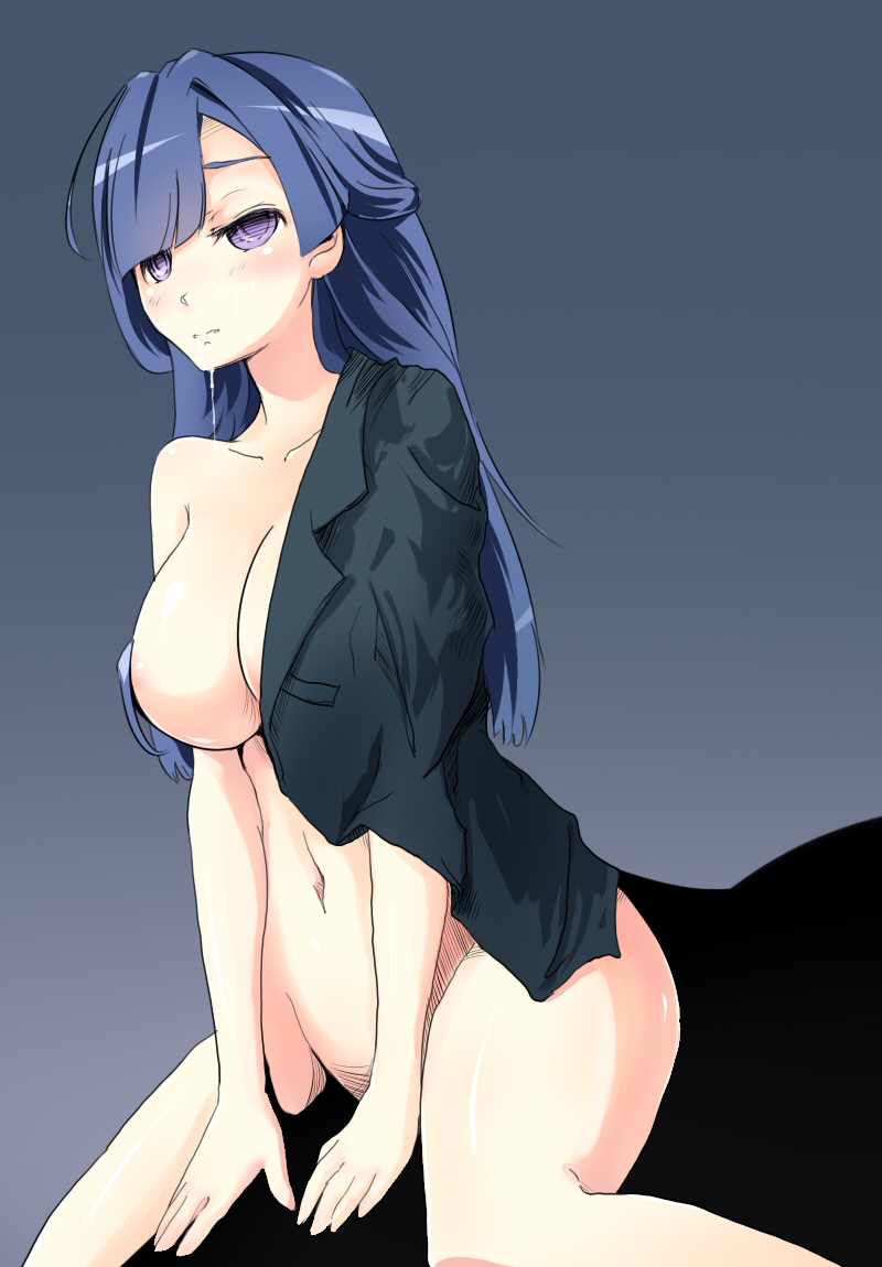 areolae blue_hair blush breasts cathayan cleavage collarbone empty_eyes hair_over_breasts kakumeiki_valvrave large_breasts liquid long_hair naked_shirt navel open_clothes open_shirt purple_eyes rukino_saki shirt simple_background sitting solo spoilers wariza
