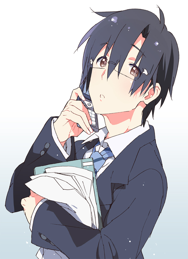 bad_id bad_pixiv_id black_hair brown_eyes cellphone formal glasses idolmaster kasuga_souichi long_sleeves male_focus necktie open_mouth paper phone producer_(idolmaster_anime) solo suit white_background