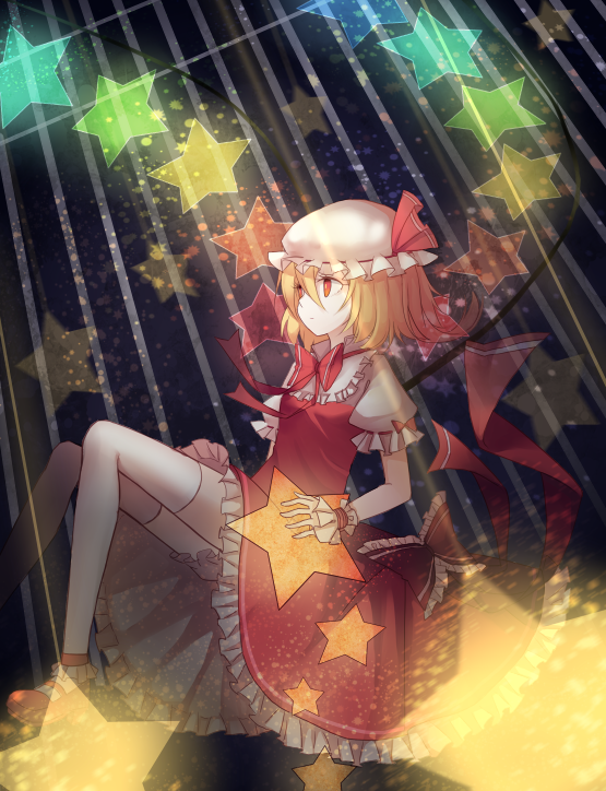 alternate_wings blonde_hair bow cuivre dress flandre_scarlet glowing glowing_wings puffy_sleeves red_dress red_eyes shirt short_sleeves side_ponytail solo star thighhighs touhou white_background wings wrist_cuffs zettai_ryouiki