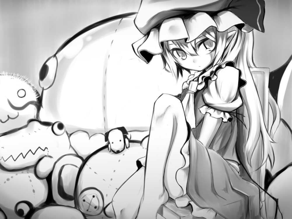 :3 ascot bad_id bad_pixiv_id button_eyes chair expressionless flandre_scarlet greyscale hat long_hair looking_at_viewer mantarou_(shiawase_no_aoi_tori) monochrome solo stuffed_animal stuffed_toy touhou