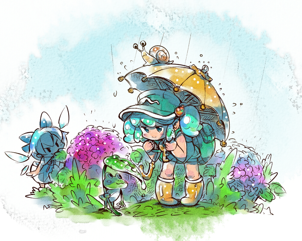 azito7 backpack bag bent_over blue_dress blue_eyes blue_hair boots bow cirno dress flower frog green_eyes green_hair hair_bobbles hair_bow hair_ornament hat hydrangea ice ice_wings kawashiro_nitori leaf_umbrella multiple_girls pigeon-toed rain rubber_boots smile snail touhou two_side_up umbrella wings