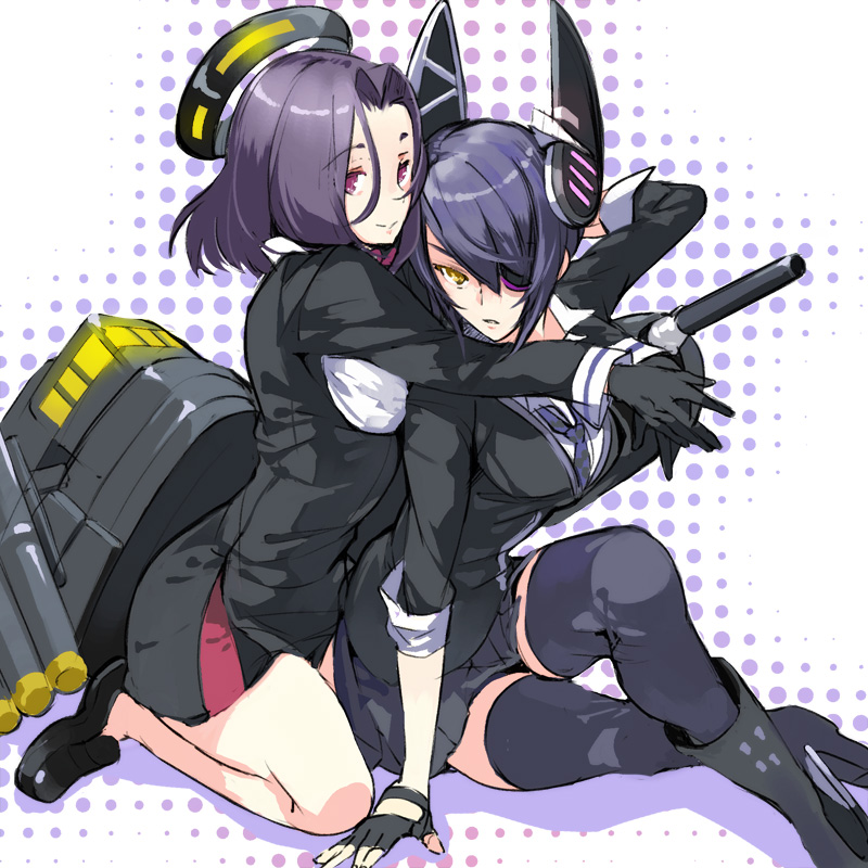 boots eyepatch fingerless_gloves gloves hug hug_from_behind kantai_collection loafers mechanical_halo multiple_girls no_socks purple_eyes purple_hair school_uniform shoes short_hair sio_1234 skirt sleeves_rolled_up tatsuta_(kantai_collection) tenryuu_(kantai_collection) thighhighs yellow_eyes yuri