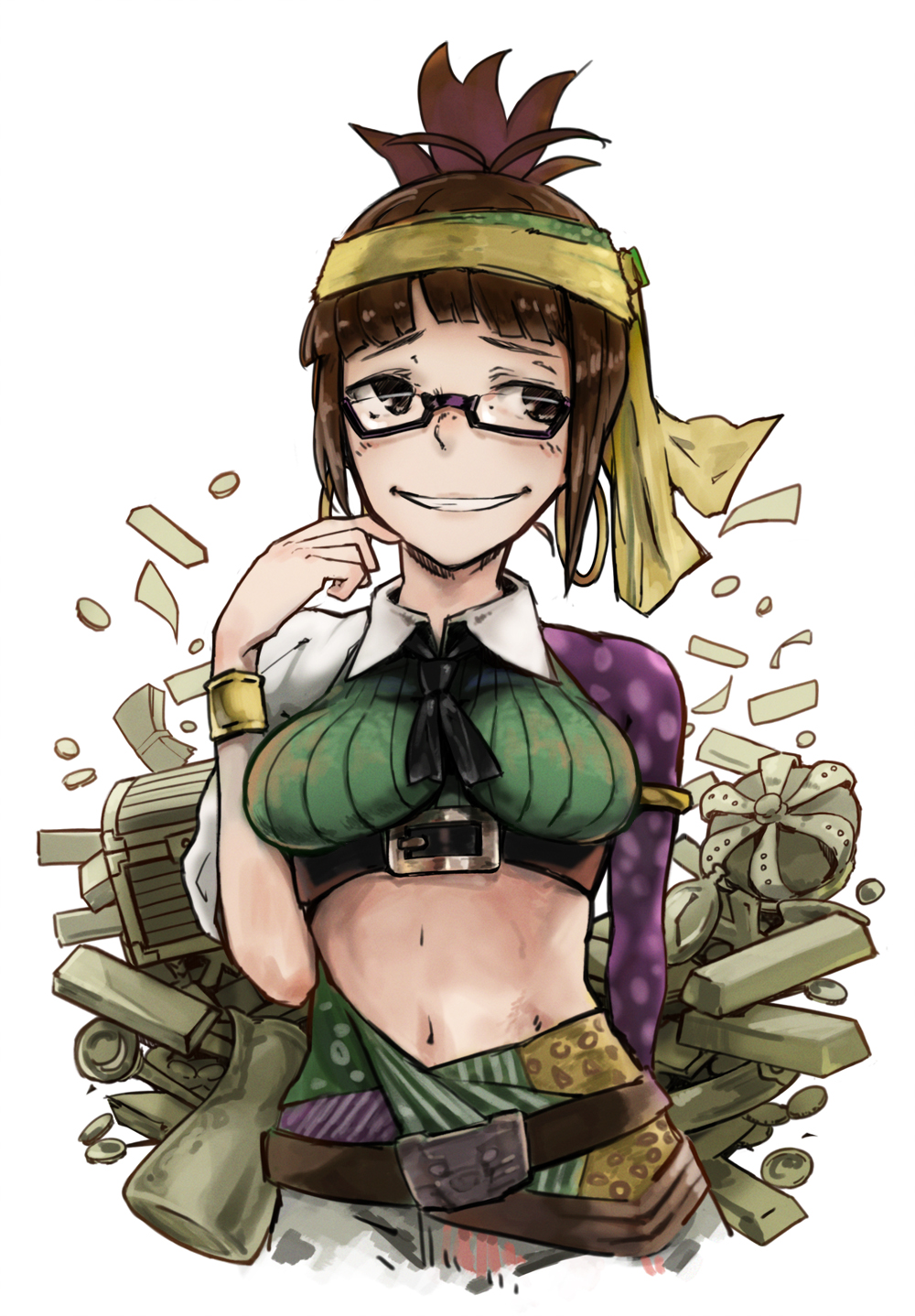 akizuki_ritsuko belt bracelet brown_hair buckle code-aa coin commentary_request crown earrings folded_ponytail glasses gold_bar grin hand_on_own_face headband highres hoop_earrings idolmaster idolmaster_(classic) jewelry looking_away midriff scepter smile solo treasure_chest