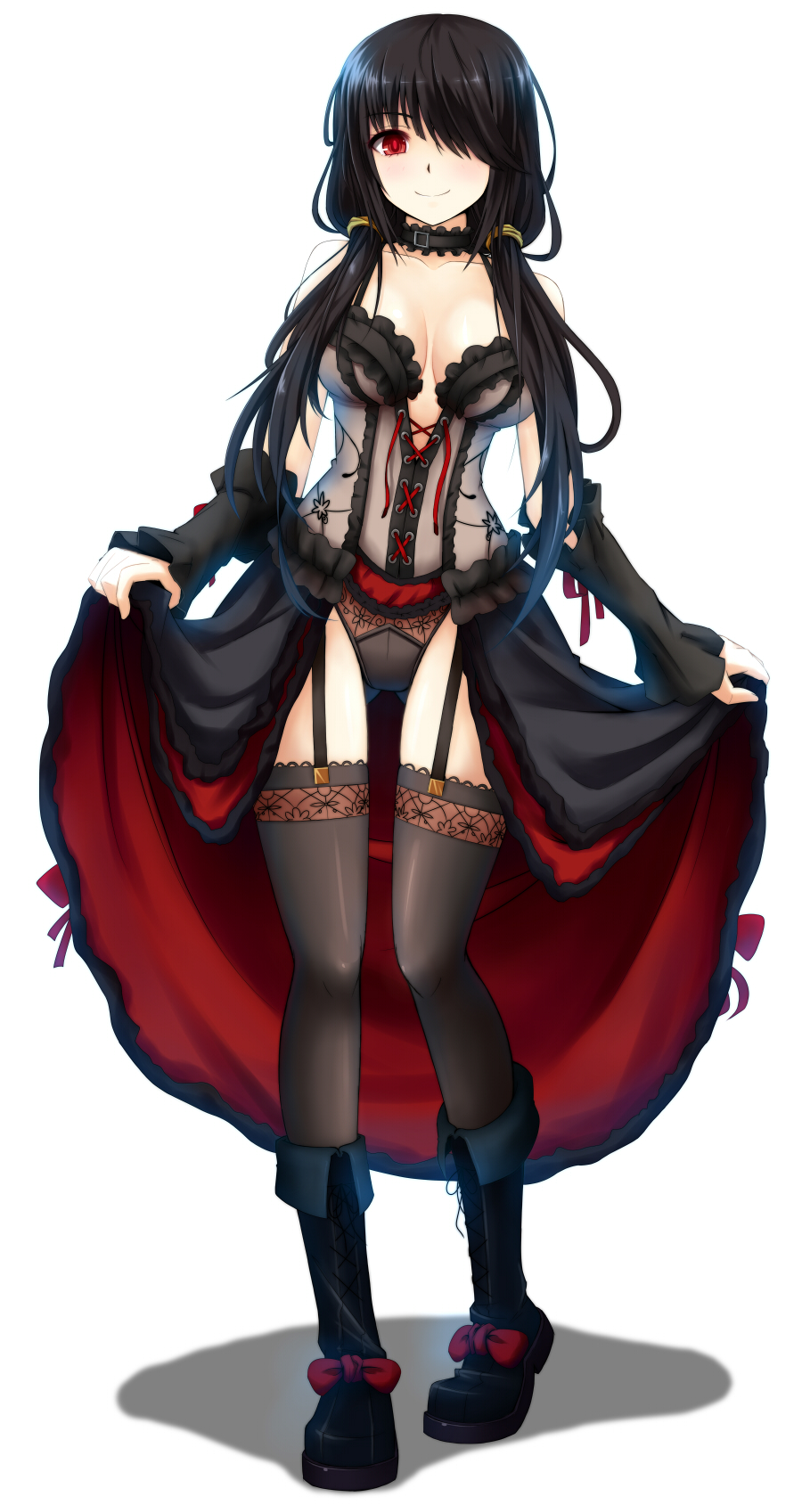 ass_visible_through_thighs bare_shoulders black_hair blush boots breasts choker cleavage corset date_a_live detached_sleeves dress full_body garter_straps gayprince hair_over_one_eye highres lace lace-trimmed_thighhighs lingerie lolita_fashion long_hair looking_at_viewer medium_breasts panties red_eyes ribbon see-through simple_background skirt skirt_lift smile solo standing thighhighs tokisaki_kurumi twintails underwear white_background yellow_eyes