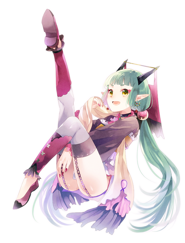 88_(kimidori_midori) bad_id bad_pixiv_id choker floating full_body garter_straps green_hair horns long_hair looking_at_viewer open_mouth original pointy_ears shoes simple_background solo twintails white_background yellow_eyes