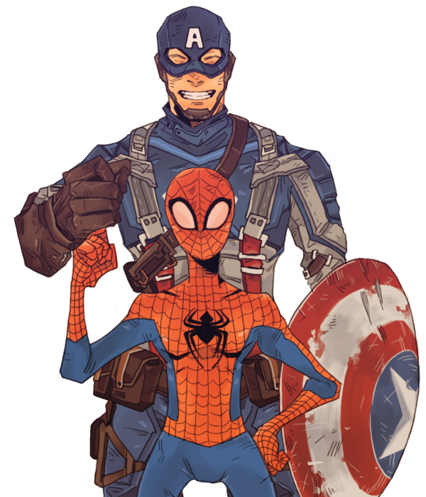 2boys bad_id bad_pixiv_id captain_america closed_eyes gloves grin marvel mask multiple_boys shield simple_background smile spider-man spider-man_(series) standing steve_rogers white_background zentai