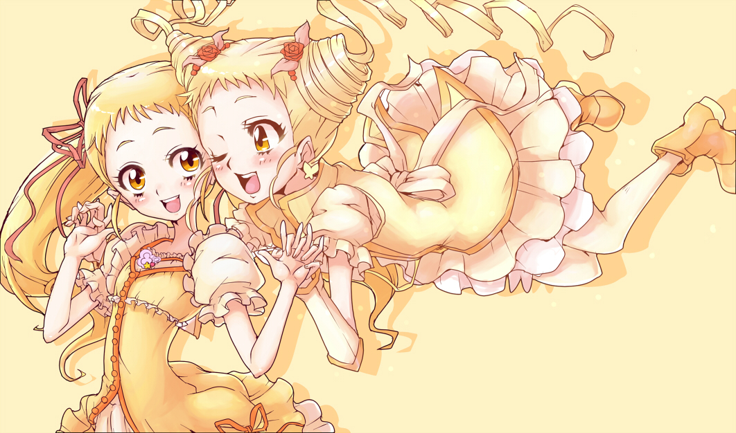 blonde_hair bow cure_lemonade double_bun drill_hair dual_persona earrings flower frills hair_flower hair_ornament holding_hands jewelry kasugano_urara_(yes!_precure_5) long_hair magical_girl multiple_girls one_eye_closed precure puffy_sleeves ribbon shoes skirt smile sumiosmith twin_drills twintails yellow yellow_background yellow_eyes yellow_skirt yes!_precure_5