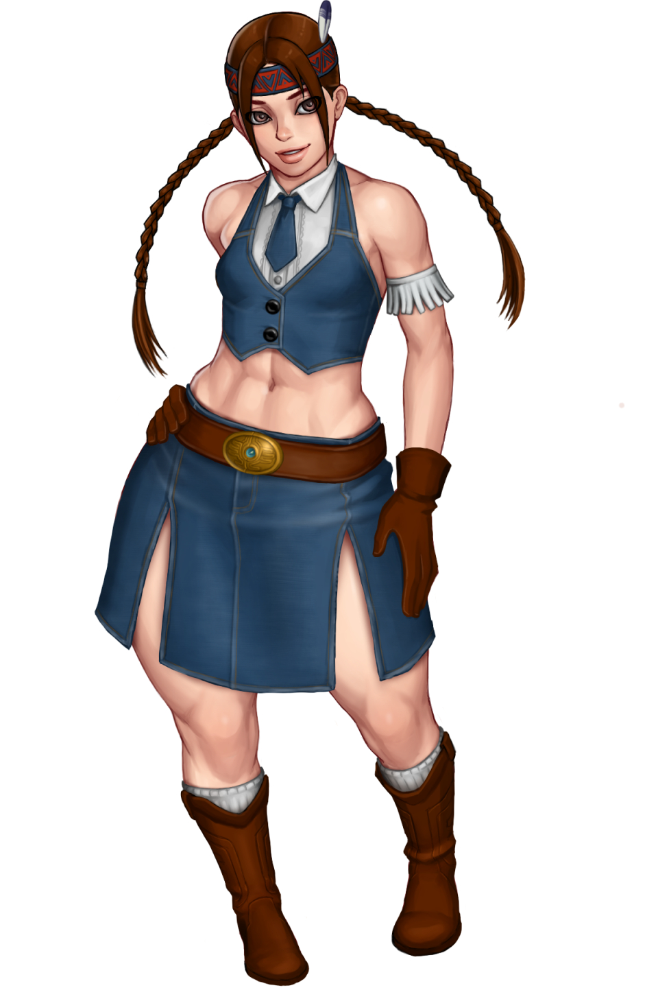 1girl abs bangs bare_shoulders belt belt_buckle boots braid breasts brown_eyes brown_gloves brown_hair buckle buttons commentary_request cowboy_boots crop_top denim denim_skirt denim_vest feathers full_body gem gloves hair_feathers hanakuso_hojiri_mashin hand_on_hip headband headdress highres julia_chang leather leather_gloves lips long_hair long_skirt midriff native_american native_american_headdress navel necktie nose parted_bangs shirt side_slit skirt sleeveless sleeveless_shirt small_breasts smile socks solo tekken toned twin_braids vest white_background wide_hips