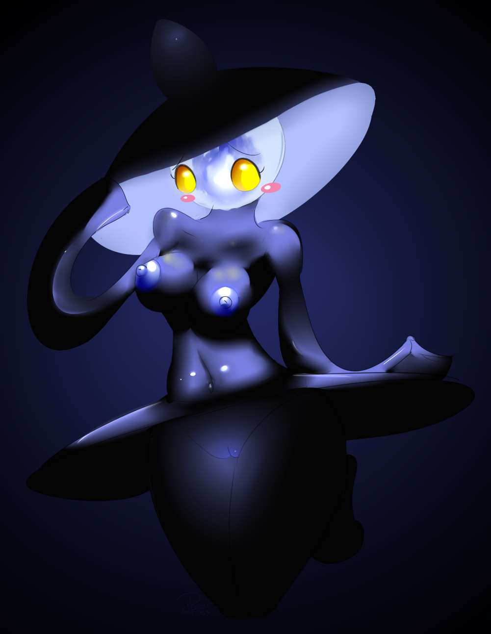 anthro anthrofied areola big_butt blush breasts butt clitoris elpatrixf female fire ghost glowing hat hi_res lampent navel nintendo nipples pok&#233;mon pok&#233;morph pok&eacute;mon pussy simple_background skirt solo spirit video_games voluptuous wide_hips yellow_eyes