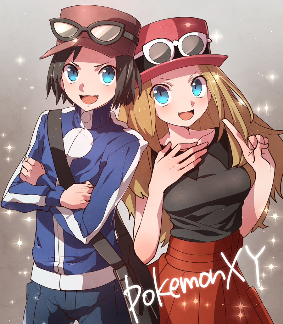 1boy 1girl bag bare_shoulders blonde_hair blue_eyes breasts brown_hair callum_(pokemon) calme_(pokemon) copyright_name crossed_arms english fang goggles hat jacket long_hair nintendo open_mouth pokemon pokemon_(game) pokemon_xy serena_(pokemon) simple_background skirt smile standing yamaki_suzume