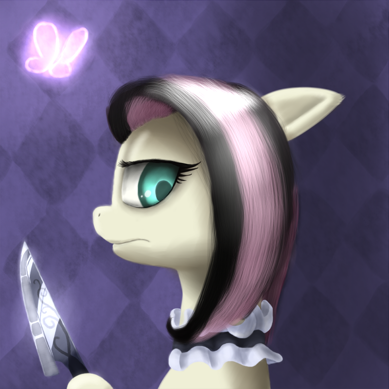 alice_in_wonderland alice_liddell american_mcgee's_alice american_mcgee's_alice arthropod butterfly cosplay cyan_eyes equine female floppy_ears fluttershy_(mlp) friendship_is_magic fur goth hair horse insect knife looking_at_viewer lyralicious mammal my_little_pony pegasus pony simple_background solo two_tone_hair wings yellow_fur