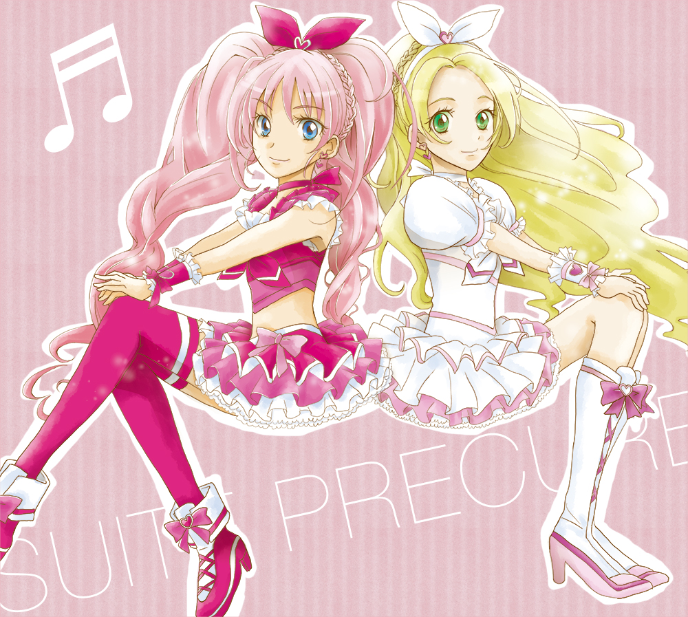 beamed_sixteenth_notes blonde_hair blue_eyes boots bow brooch choker copyright_name cure_melody cure_rhythm dress frills green_eyes heart houjou_hibiki jewelry knee_boots long_hair magical_girl midriff minamino_kanade multiple_girls musical_note pink_bow pink_choker pink_hair pink_legwear precure ribbon sitting skirt smile sorano_tsukiko suite_precure thighhighs twintails white_choker