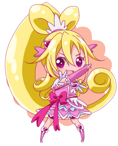 8041mm :d aida_mana blonde_hair boots bow chibi cure_heart dokidoki!_precure hair_ornament heart heart_hair_ornament knee_boots long_hair open_mouth outstretched_arm pink_bow pink_eyes pink_footwear pink_sleeves ponytail precure smile solo standing