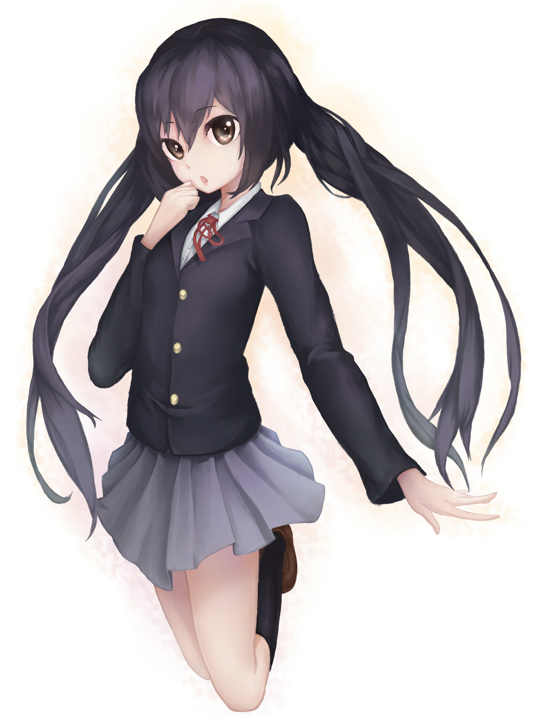 black_hair brown_eyes highres k-on! karori_(sukunomi) long_hair nakano_azusa sakuragaoka_high_school_uniform school_uniform twintails white_background