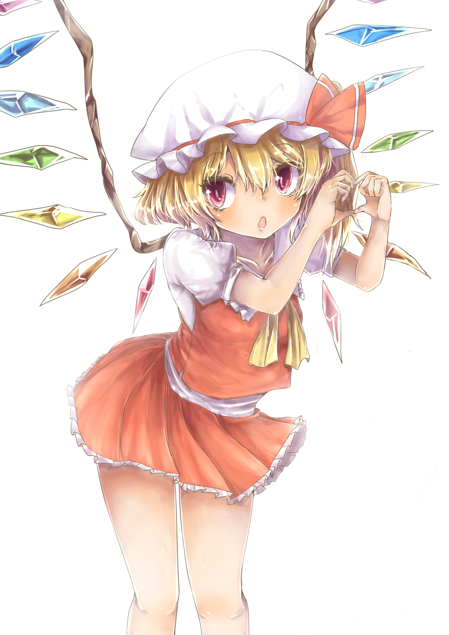:o bad_id bad_pixiv_id bare_legs blonde_hair blush flandre_scarlet hat hat_ribbon heart heart_hands highres nyamoya red_eyes ribbon short_hair side_ponytail simple_background skirt solo touhou white_background wings