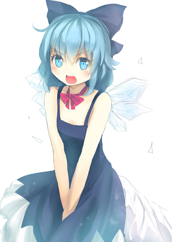 :d blue_eyes blue_hair bow cirno culter dress hair_bow ice ice_wings open_mouth ribbon short_hair smile solo touhou v-shaped_eyebrows wings