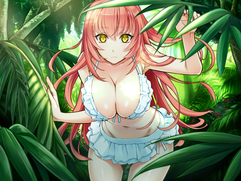 1girl bikini breasts cleavage game_cg large_breasts liarsoft long_hair looking_at_viewer navel neon_scala_sumiriya ourai_no_gahkthun pink_hair plant solo steampunk_(liarsoft) swimsuit very_long_hair yellow_eyes