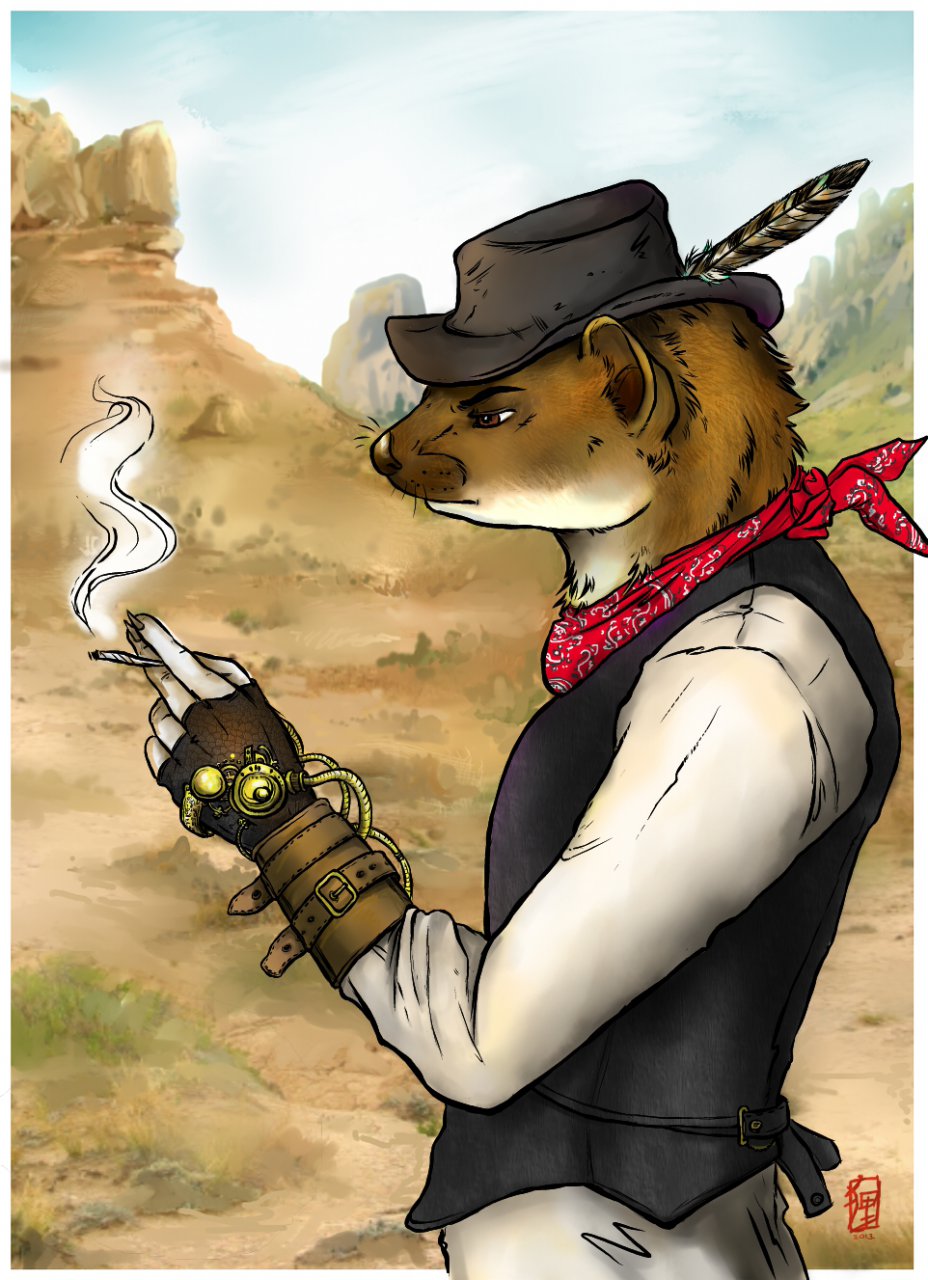 bandanna brown_eyes brown_fur brown_nose cigarette claws clothed clothing cowboy desert ermine feather fur hat male outside side_view sky solo standing steampunk tanuki_(artist) whiskers