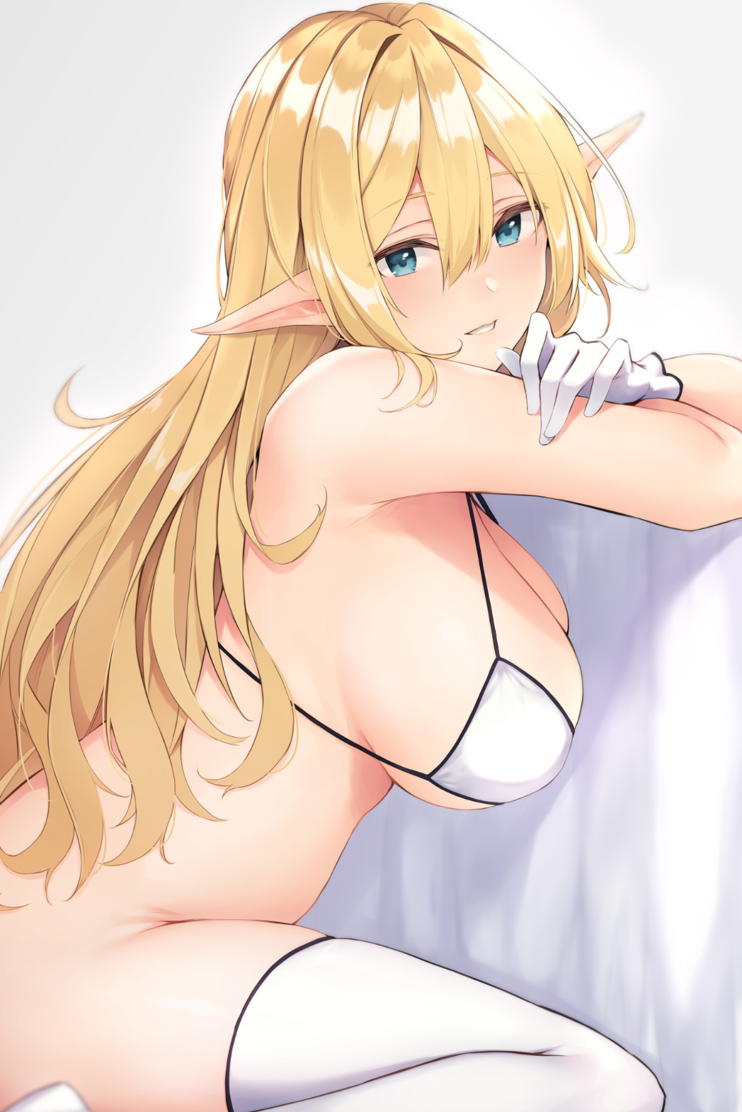 1girl anza_tomo armpits bangs bare_shoulders blonde_hair blue_eyes blurry blush bottomless breasts cleavage commentary_request elf gloves hair_between_eyes head_tilt highres large_breasts long_hair looking_at_viewer looking_to_the_side original parted_lips pointy_ears sidelocks sitting smile solo thighhighs thighs wariza white_bikini_top white_gloves white_legwear