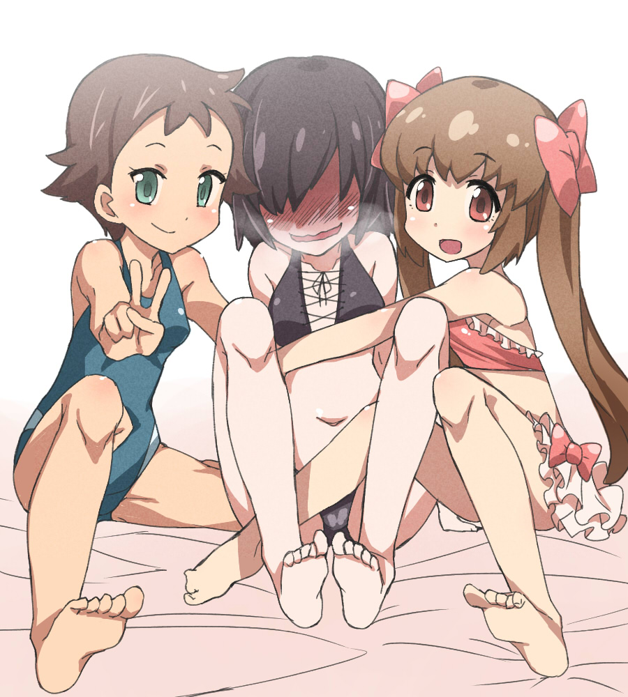 :d barefoot bikini black_hair blush breasts brown_hair competition_swimsuit feet girl_sandwich green_eyes hair_over_eyes kounosu_satori long_hair mao_(sengoku_collection) multiple_girls murata_(sengoku_collection) navel nose_blush one-piece_swimsuit open_mouth red_eyes sandwiched sengoku_collection shaded_face short_hair sitting small_breasts smile swimsuit twintails v wavy_mouth yumi_(sengoku_collection)