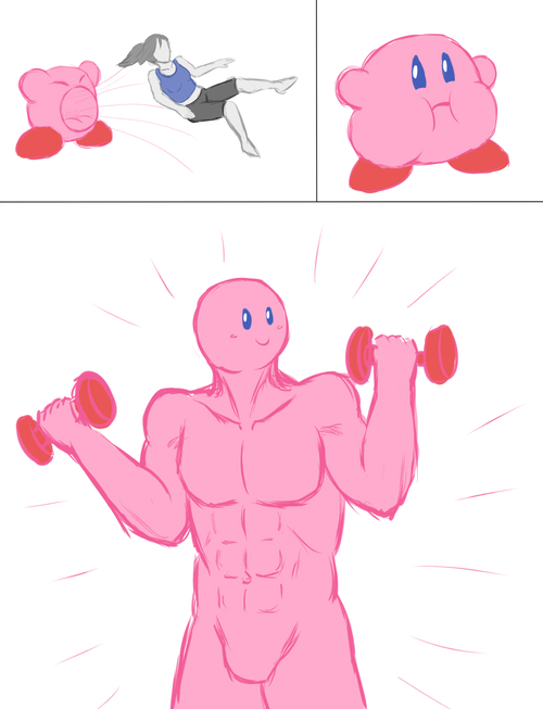 abs alien bald barefoot biceps breasts clothing comic eyes_closed female grasp grey_hair hair happy holding human humor in_mouth kirby kirby_(series) male manly muscles nintendo nude pecs pink_skin raised_arm raised_leg red_skin shirt short_hair shorts skin smile standing sucking super_smash_bros tank_top unknown_artist video_games weights white_skin wii_fit wii_fit_trainer
